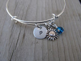 Flower Charm Bracelet- Adjustable Bangle Bracelet with an Initial Charm and an Accent Bead of your choice