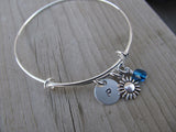 Flower Charm Bracelet- Adjustable Bangle Bracelet with an Initial Charm and an Accent Bead of your choice