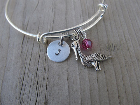 Pelican Charm Bracelet- Adjustable Bangle Bracelet with an Initial Charm and an Accent Bead of your choice