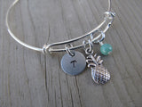 Pineapple Charm Bracelet- Adjustable Bangle Bracelet with an Initial Charm and an Accent Bead of your choice