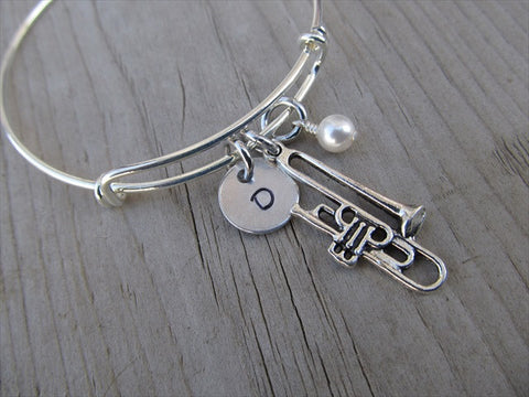 Trombone Charm Bracelet- Adjustable Bangle Bracelet with an Initial Charm and an Accent Bead of your choice