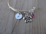 Flower Charm Bracelet- Adjustable Bangle Bracelet with Initial Charm and An Accent Bead of your choice