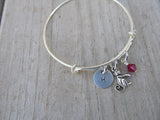 Monkey Charm Bracelet- Adjustable Bangle Bracelet with an Initial Charm and an Accent Bead in your choice of colors