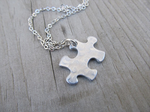 Silver Puzzle Piece Necklace - Textured Puzzle Piece Pendant with Chain