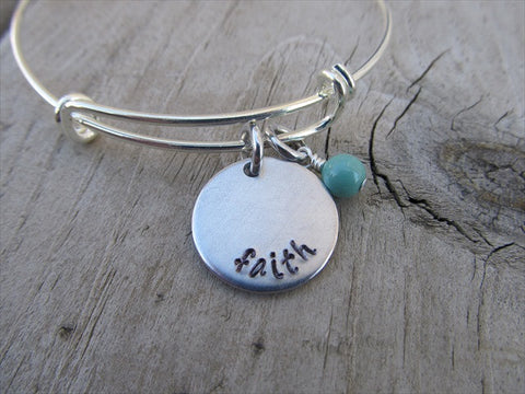 Faith Inspiration Bracelet- "faith"  - Hand-Stamped Bracelet- Adjustable Bangle Bracelet with an accent bead in your choice of colors