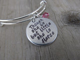 Inspirational Bracelet- "Though she be but little she is fierce" - Hand-Stamped Bracelet- Adjustable Bangle Bracelet with an accent bead in your choice of colors