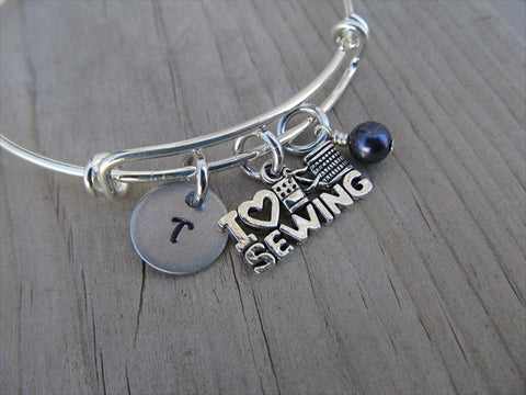 I ♥ Sewing Charm Bracelet- Adjustable Bangle Bracelet with an initial charm and accent bead of your choice