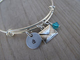 Envelope Charm Bracelet- Adjustable Bangle Bracelet with an Initial Charm and an Accent Bead of your choice