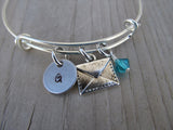 Envelope Charm Bracelet- Adjustable Bangle Bracelet with an Initial Charm and an Accent Bead of your choice
