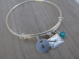 Envelope Charm Bracelet- Adjustable Bangle Bracelet with an Initial Charm and an Accent Bead of your choice