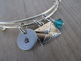 Envelope Charm Bracelet- Adjustable Bangle Bracelet with an Initial Charm and an Accent Bead of your choice