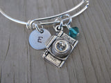 Camera Charm Bracelet- Adjustable Bangle Bracelet with an Initial Charm and an Accent Bead of your choice