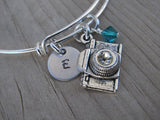 Camera Charm Bracelet- Adjustable Bangle Bracelet with an Initial Charm and an Accent Bead of your choice