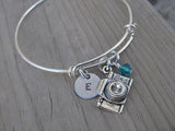 Camera Charm Bracelet- Adjustable Bangle Bracelet with an Initial Charm and an Accent Bead of your choice