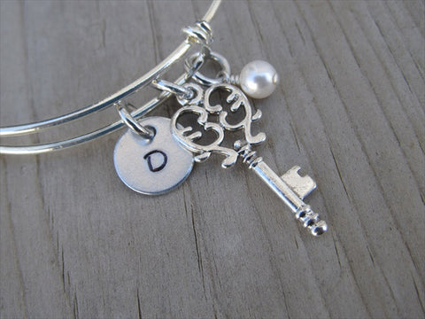Key Charm Bracelet- Adjustable Bangle Bracelet with an Initial Charm and an Accent Bead of your choice