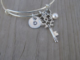 Key Charm Bracelet- Adjustable Bangle Bracelet with an Initial Charm and an Accent Bead of your choice