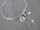 Key Charm Bracelet- Adjustable Bangle Bracelet with an Initial Charm and an Accent Bead of your choice