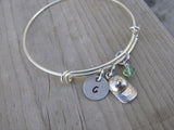 Ball Cap Charm Bracelet- Adjustable Bangle Bracelet with an Initial Charm and an Accent Bead of your choice