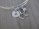 Crown Charm Bracelet- Adjustable Bangle Bracelet with an Initial Charm and an Accent Bead of your choice