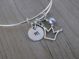 Crown Charm Bracelet- Adjustable Bangle Bracelet with an Initial Charm and an Accent Bead of your choice