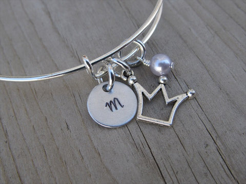 Crown Charm Bracelet- Adjustable Bangle Bracelet with an Initial Charm and an Accent Bead of your choice