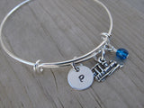 Train Charm Bracelet- Adjustable Bangle Bracelet with an Initial Charm and an Accent Bead of your choice