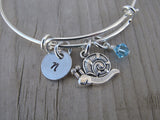 Snail Charm Bracelet- Adjustable Bangle Bracelet with an Initial Charm and an Accent Bead of your choice