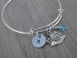 Snail Charm Bracelet- Adjustable Bangle Bracelet with an Initial Charm and an Accent Bead of your choice