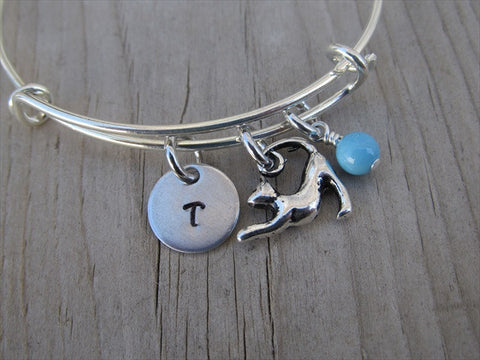 Cat Charm Bracelet- Adjustable Bangle Bracelet with an Initial Charm and an Accent Bead of your choice