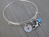 Cat Charm Bracelet- Adjustable Bangle Bracelet with an Initial Charm and an Accent Bead of your choice
