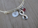 Infinity Charm Bracelet- Adjustable Bangle Bracelet with an Initial Charm and an Accent Bead of your choice