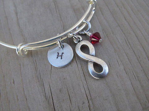 Infinity Charm Bracelet- Adjustable Bangle Bracelet with an Initial Charm and an Accent Bead of your choice