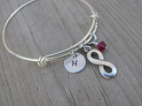 Infinity Charm Bracelet- Adjustable Bangle Bracelet with an Initial Charm and an Accent Bead of your choice