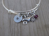 Tractor Charm Bracelet- Adjustable Bangle Bracelet with an Initial Charm and an Accent Bead of your choice