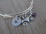 Tractor Charm Bracelet- Adjustable Bangle Bracelet with an Initial Charm and an Accent Bead of your choice