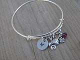 Tractor Charm Bracelet- Adjustable Bangle Bracelet with an Initial Charm and an Accent Bead of your choice