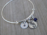 Seahorse Charm Bracelet- Adjustable Bangle Bracelet with an Initial Charm and an Accent Bead of your choice