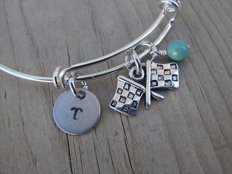 Racing Charm Bracelet- Adjustable Bangle Bracelet with an Initial Charm and an Accent Bead of your choice