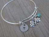 Racing Charm Bracelet- Adjustable Bangle Bracelet with an Initial Charm and an Accent Bead of your choice