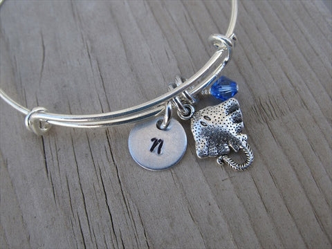 Stingray Charm Bracelet- Adjustable Bangle Bracelet with an Initial Charm and an Accent Bead of your choice
