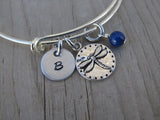 Dragonfly Stingray Charm Bracelet- Adjustable Bangle Bracelet with an Initial Charm and an Accent Bead of your choice