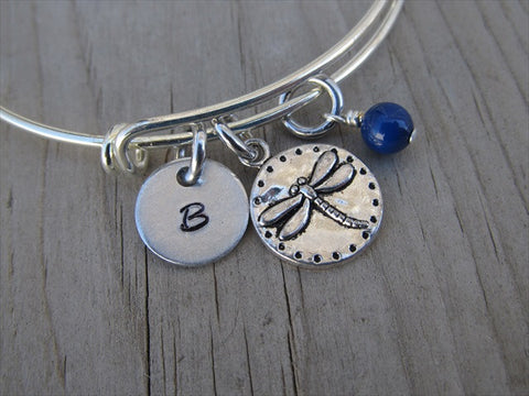 Dragonfly Stingray Charm Bracelet- Adjustable Bangle Bracelet with an Initial Charm and an Accent Bead of your choice