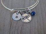 Dragonfly Stingray Charm Bracelet- Adjustable Bangle Bracelet with an Initial Charm and an Accent Bead of your choice