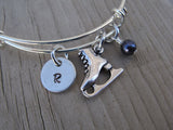 Ice Skating Charm Bracelet- Adjustable Bangle Bracelet with an Initial Charm and an Accent Bead of your choice