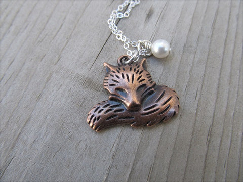 Fox Necklace with a pearl accent bead- Copper Fox
