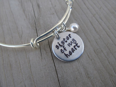 Sister Of My Heart Bracelet- "sister of my heart"  - Hand-Stamped Bracelet  -Adjustable Bangle Bracelet with an accent bead of your choice