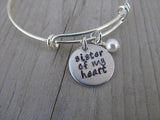 Sister Of My Heart Bracelet- "sister of my heart"  - Hand-Stamped Bracelet  -Adjustable Bangle Bracelet with an accent bead of your choice