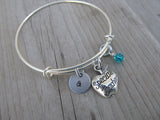 Teacher Charm Bracelet -Adjustable Bangle Bracelet with an Initial Charm and Accent Bead of your choice