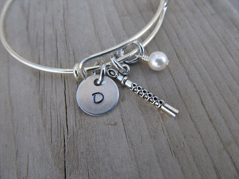 Flute Charm Bracelet -Adjustable Bangle Bracelet with an Initial Charm and Accent Bead of your choice