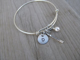 Flute Charm Bracelet -Adjustable Bangle Bracelet with an Initial Charm and Accent Bead of your choice